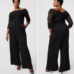 New Torrid Black Lace 3/4 Sleeve Pointe Knit Wide Leg Jumpsuit Sz 12 Formal Chic